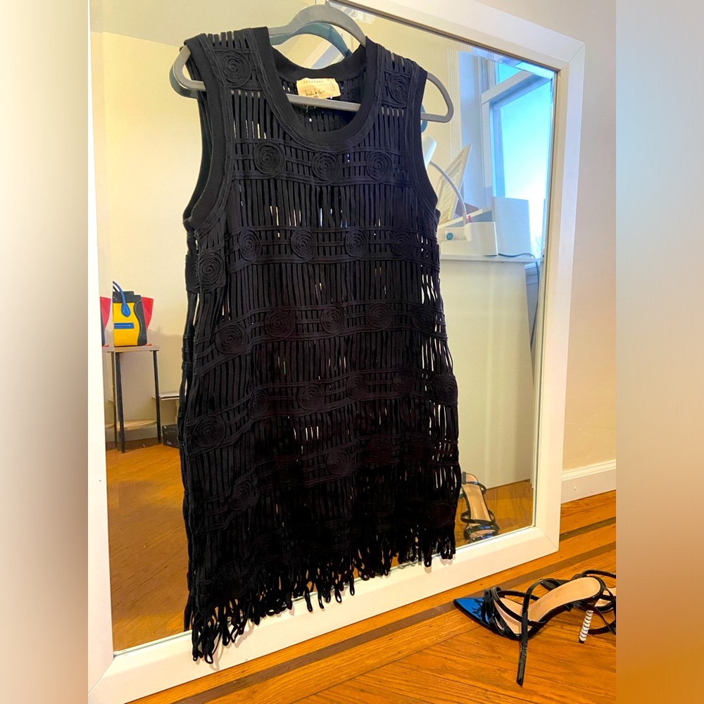 Black Fringe dress with Circular Patterns, great beach coverup